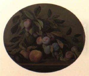 A Sprig Of Plums, A Fig And Peaches On A Wooden Ledge by Jean-Baptiste Oudry