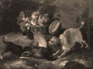 Chien Terrier Et Chien Barbet Montant La Garde Aupres D'un Faisan Mort by Jean-Baptiste Oudry