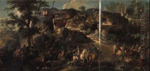 Le Cerf Qui Tient Aux Chiens Sur Les Rochers De Franchard, ... Fontainebleau by Jean-Baptiste Oudry