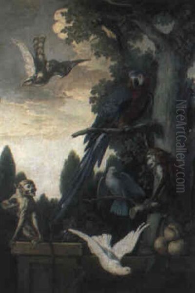 A Macaw, Doves And Monkies In A Classical Landscape - view 1
