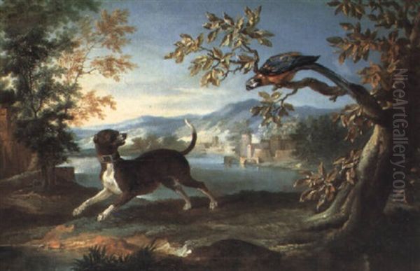 Chien Et Perroquet Dans Un Paysage De Riviere - view 1