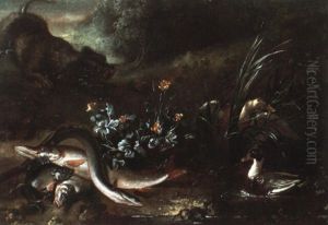 Chien En Arret, Poissons Et Canard Pres D'une Mare by Jean-Baptiste Oudry