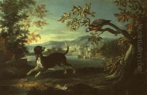 Le Chien Et Le Perroquet Dans Un Paysage De Riviere Pres D'un Village Le Chien Et Le Perroquet Dans Un Paysage De Riviere Pres D'un Village
