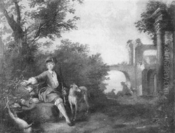 A Sportsman  Seated In A Landscape With His Game Bag And Dog, Classical Ruins Beyond - view 1