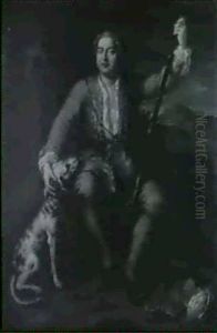 Portrait D'homme En Chasseur Assis Aupres D'un Arbre        Caressant La Tete De Son Chien De La Main Droite...