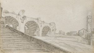 Vue Des Vestiges De La Basilique De Maxence Et De Constantin A Rome Avec Le Colisee A L'arriere-plan by Louis Gabriel Blanchet