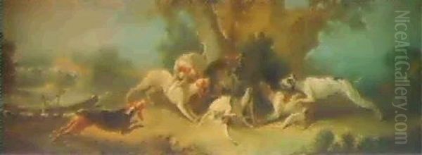 Hounds Attacking A Wolf In A River Landscape - view 1