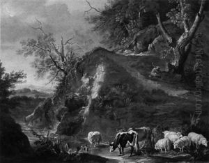 A Pastoral Scene Beside A Mountain Stream by Jean-Baptiste Oudry