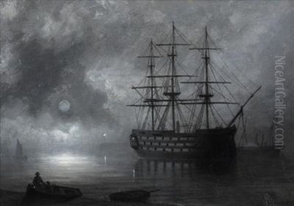 A Three-decker At Anchor, Paddle Steamer Beyond - view 1