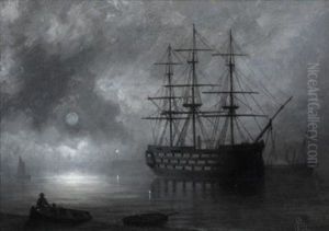 A Three-decker At Anchor, Paddle Steamer Beyond
