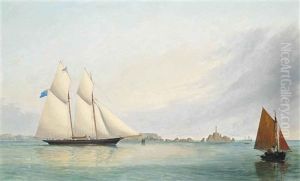 A Royal Thames Yacht Club Schooner Off La Corbiere Lighthouse, Jersey, Channel Islands by Philip John Ouless