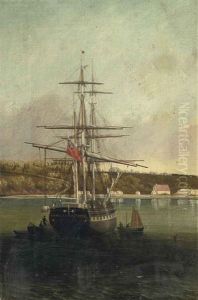 The Brig Homely Of Jersey Unloading Off Le Banc De Paspebiac, Quebec, Le Bouthillier Shed On The Wharf And The Catholic Church On The Hill Beyond, Canada by Philip John Ouless