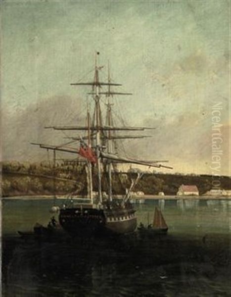 The Brig "homely" Of Jersey Unloading Off Le Banc De Paspebiac, Quebec, Le Bouthillier, Shed On The Wharf And The Catholic Church On The Hill Beyond - view 1