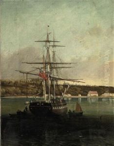 The Brig "homely" Of Jersey Unloading Off Le Banc De Paspebiac, Quebec, Le Bouthillier, Shed On The Wharf And The Catholic Church On The Hill Beyond