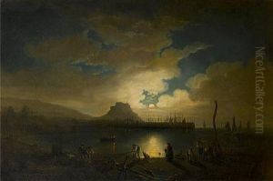 Moonrise Over Gorey Harbour, Jersey, With Mount Orgueil And Its Castle Rising Beyond