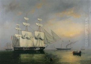 The Royal Yacht "fairy", With Queen Victoria On Board, Threading Her Way Through Ships Of The Fleet Anchored In Spithead