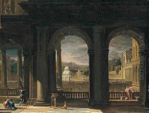 Architectural Capriccio With Figures Near A Balcony Overlooking by Thomas Blanchet