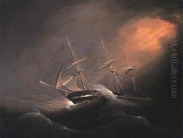 Three Masted Brig In Stormy Seas - view 1