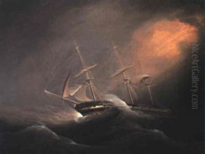 Three Masted Brig In Stormy Seas by Philip John Ouless