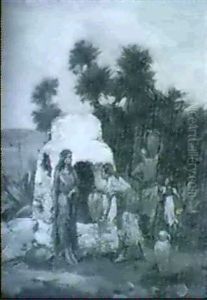Sydlandsk Landskab Med Kvinder Der Henter Vand Ved Bronden by Pierre Outin