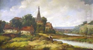 Kleine Ortschaft An Einem Fluss Gelegen, Im Vordergrund Weidende Kuhe Kleine Ortschaft An Einem Fluss Gelegen, Im Vordergrund Weidende Kuhe