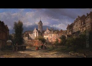 Hollandische Stadtansicht Mit Marktfrauen by Pierre Justin Ouvrie
