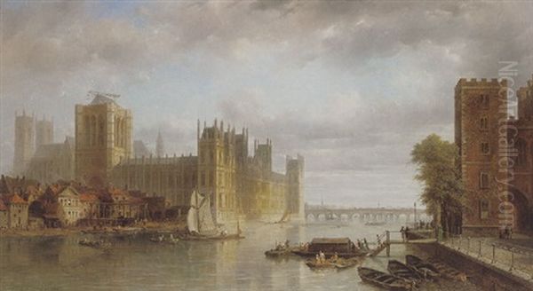 Houses Of Parliament From The Thames With Figures Boarding A Ferry In The Foreground - view 1
