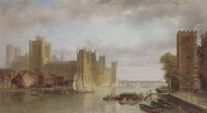 Houses Of Parliament From The Thames With Figures Boarding A Ferry In The Foreground by Pierre Justin Ouvrie