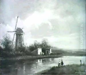 Paysage Hollandais Au Moulin by Pierre Justin Ouvrie