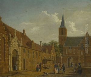A Townscape With Figures Outside A Civic Guard House by Isaac Ouwater