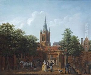 A View Of Delft With An Elegant Couple In A Courtyard, The Tower Of The Oude Kerk Beyond by Isaac Ouwater
