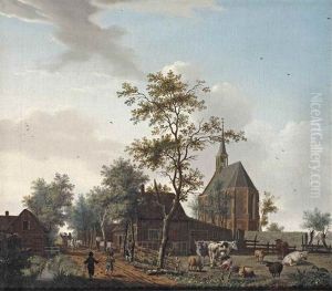 A View Of The Village Of Grosthuizen Near Avenhorn, South-west Of The Town Of Hoorn, With A Maid Milking A Cow In A Meadow, Boys Playing On The Road And A Horse And Carriage In The Near Distance by Isaac Ouwater