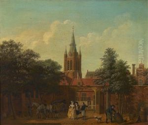 A Courtyard In Delft With The Oude Kerk Beyond by Isaac Ouwater