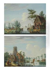 A River Landscape With Anglers On The Shore And A Windmill (+ A River Landscape With Anglers In A Boat And Figures On A Bridge; Pair) by Isaac Ouwater