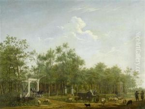 Niederlandische Flusslandschaft Mit Kutsche, Hirten Und Tieren by Isaac Ouwater