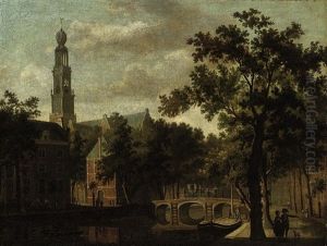 A Dutch Canal Landscape With A Carriage Crossing A Bridge by Isaac Ouwater