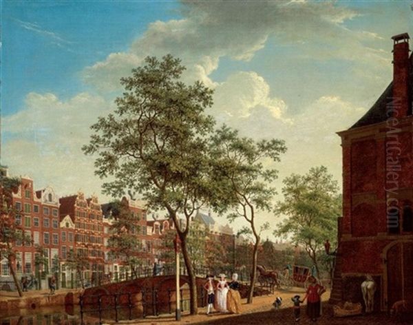 Amsterdam, A View On The Keizersgracht From The Westermarkt, With The Westerhal On The Right, Elegant Figures Conversing In The Foreground, A Horse-drawn Carriage Crossing A Bridge by Isaac Ouwater