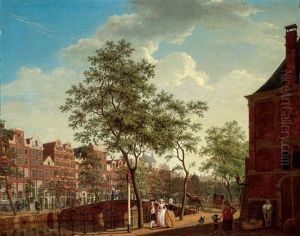 Amsterdam, A View On The Keizersgracht From The Westermarkt, With The Westerhal On The Right, Elegant Figures Conversing In The Foreground, A Horse-drawn Carriage Crossing A Bridge by Isaac Ouwater