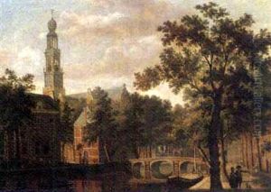 A View Of The Westerkerk, Towards The Westermarkt, From Rozengracht, Amsterdam by Isaac Ouwater