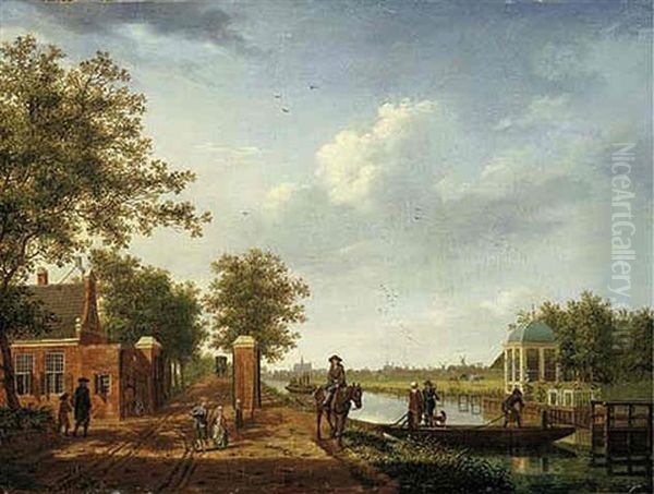 A View Of Amsterdam From The 't Spaarne Canal In Slooterdijk With Travellers On A Towpath By The Tollgate And A Couple On A Ferry - view 1