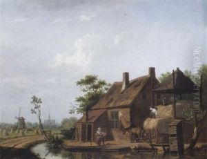 A Farmstead By A Canal, With Peasants Loading Hay, A Windmill And The City Of Haarlem With The St. Bavo Church Beyond