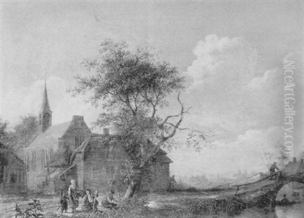 River Landscape With Figures By A Church And Travellers On A Bridge Beyond - view 1