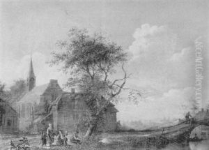 River Landscape With Figures By A Church And Travellers On A Bridge Beyond by Isaac Ouwater
