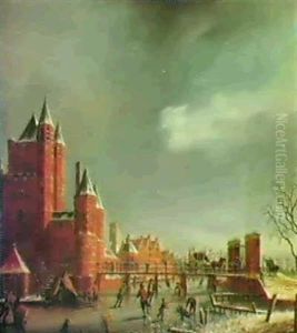 Figures Skating On A Frozen Canal Before A City Gate