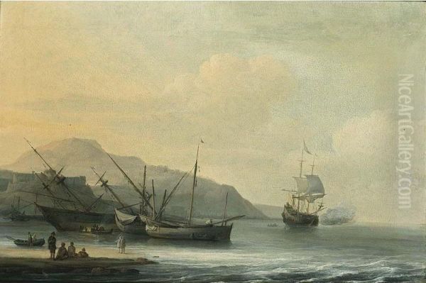 A Coastal Landscape With A Ship Careened For Caulking, Together With Other Sailing Boats And A Ship Firing A Salute - view 1