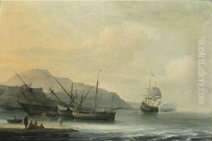 A Coastal Landscape With A Ship Careened For Caulking, Together With Other Sailing Boats And A Ship Firing A Salute by Jan Theunisz Blankof Blanckerhoff