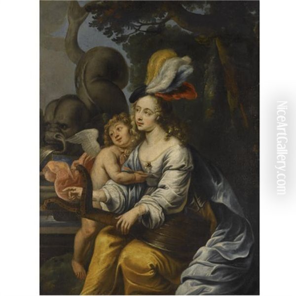 An Elegantly Dressed Lady Playing The Lute, Embraced By Cupid - view 1