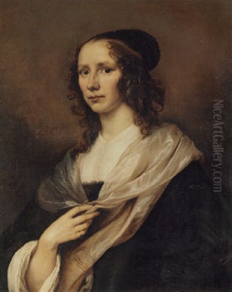 Portrait Of A Lady In A Black Dress With A White Chemise, Cuffs And Mantle - view 1