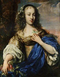Portrait Of A Young Girl Wearing A Gold Dress And Blue Sash, Holding A Rose