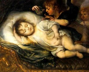 A Deathbed Effigy Of A Child Lying On A Sculpted Bed, A Putto Trowing Rose Petals Nearby